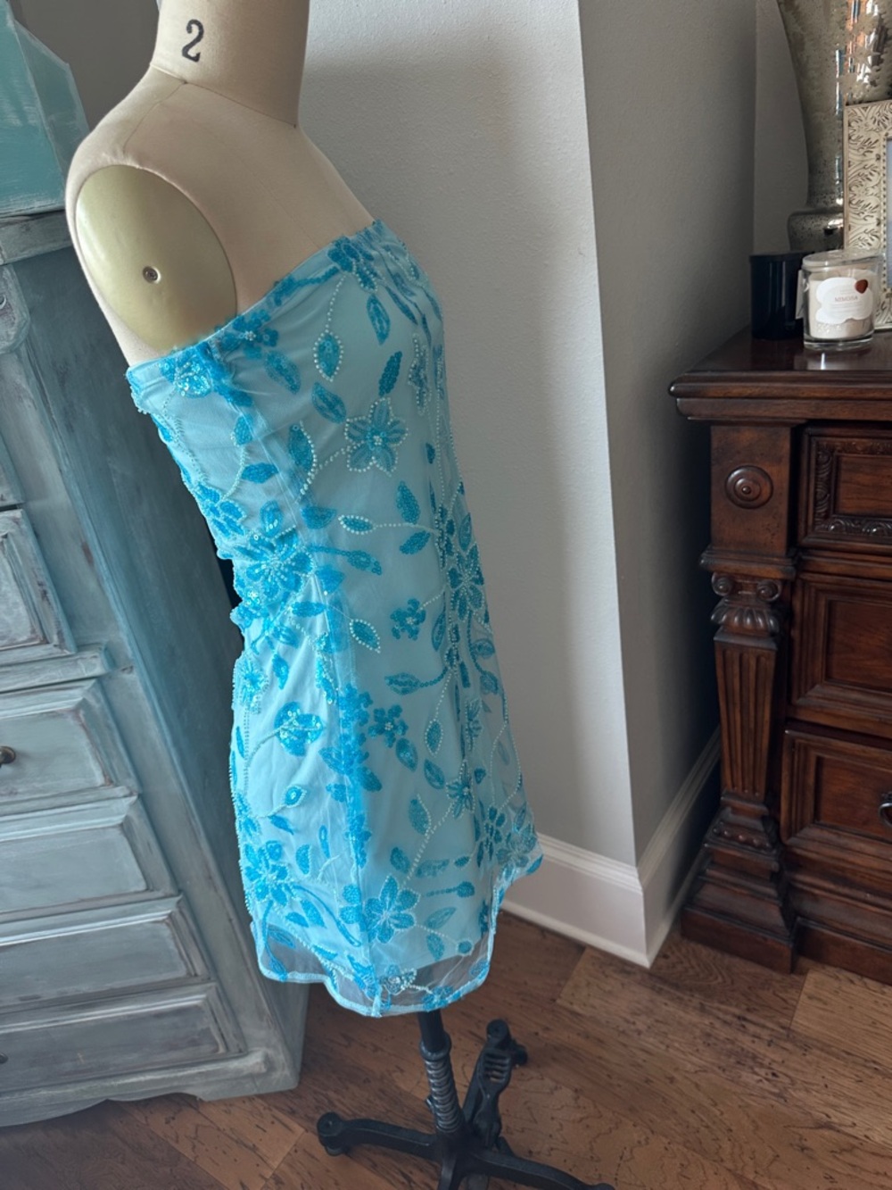 Peppermayo Tiffany Blue Strapless Sequin Mini Dress - Picture 9 of 13